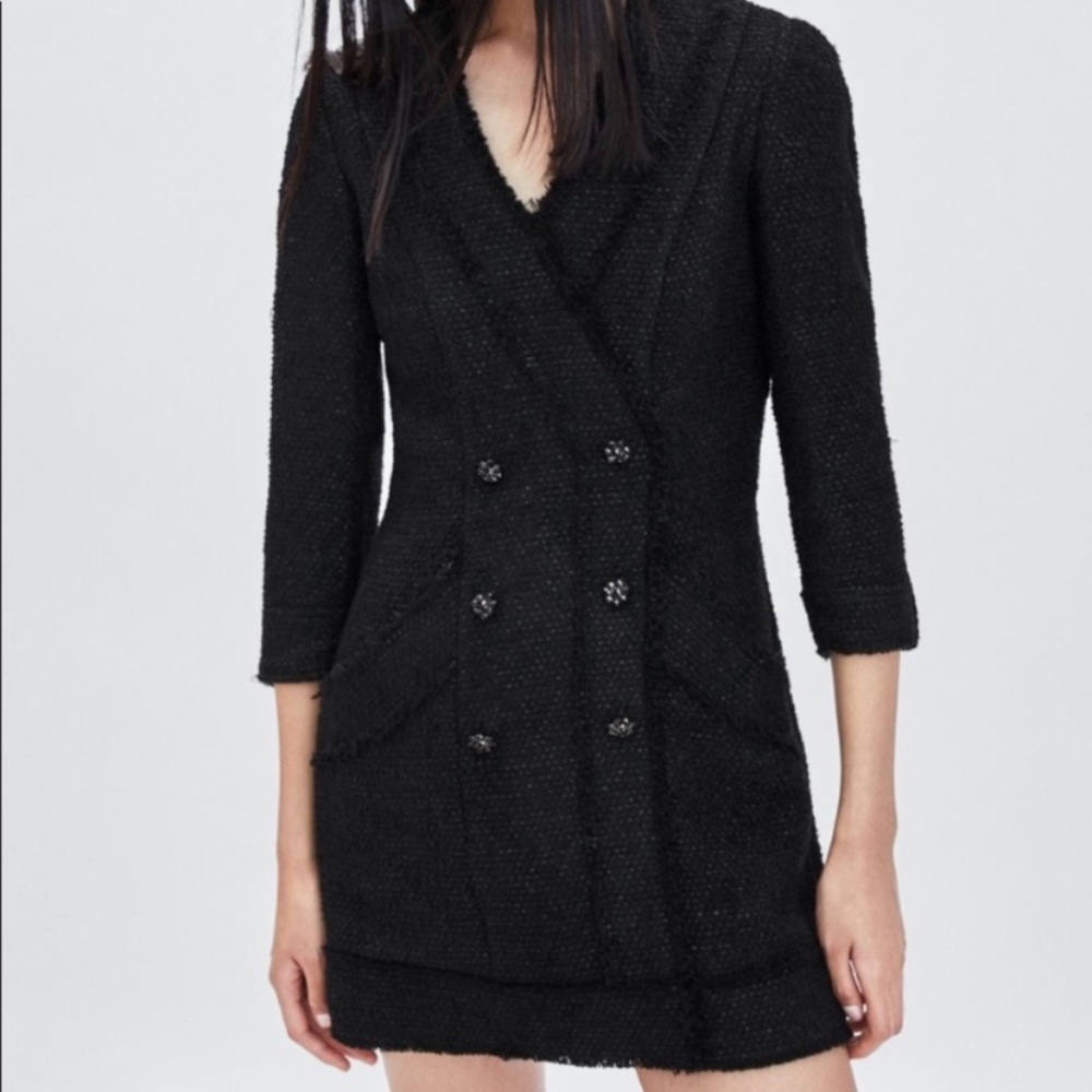 Zara Black Tweed Boucle Blazer Mini Dress SZ XS